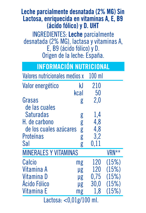 Leche entera Sin Lactosa enriquecida con vitaminas A, D, E y B9