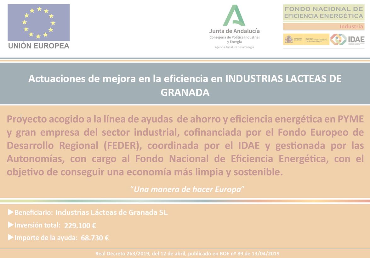 Actuaciones de mejora en la eficiencia en INDUSTRIAS LACTEAS DE GRANADA