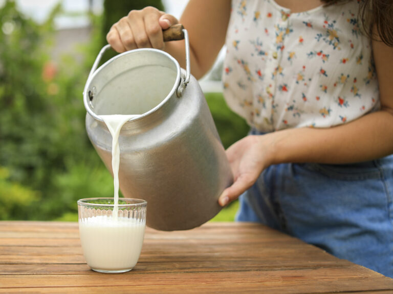 Mujer vertiendo leche fresca de jarra de madera