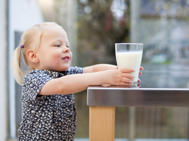 Niña pequeña con un vaso de leche de crecimiento, nutrición esencial para el desarrollo infantil