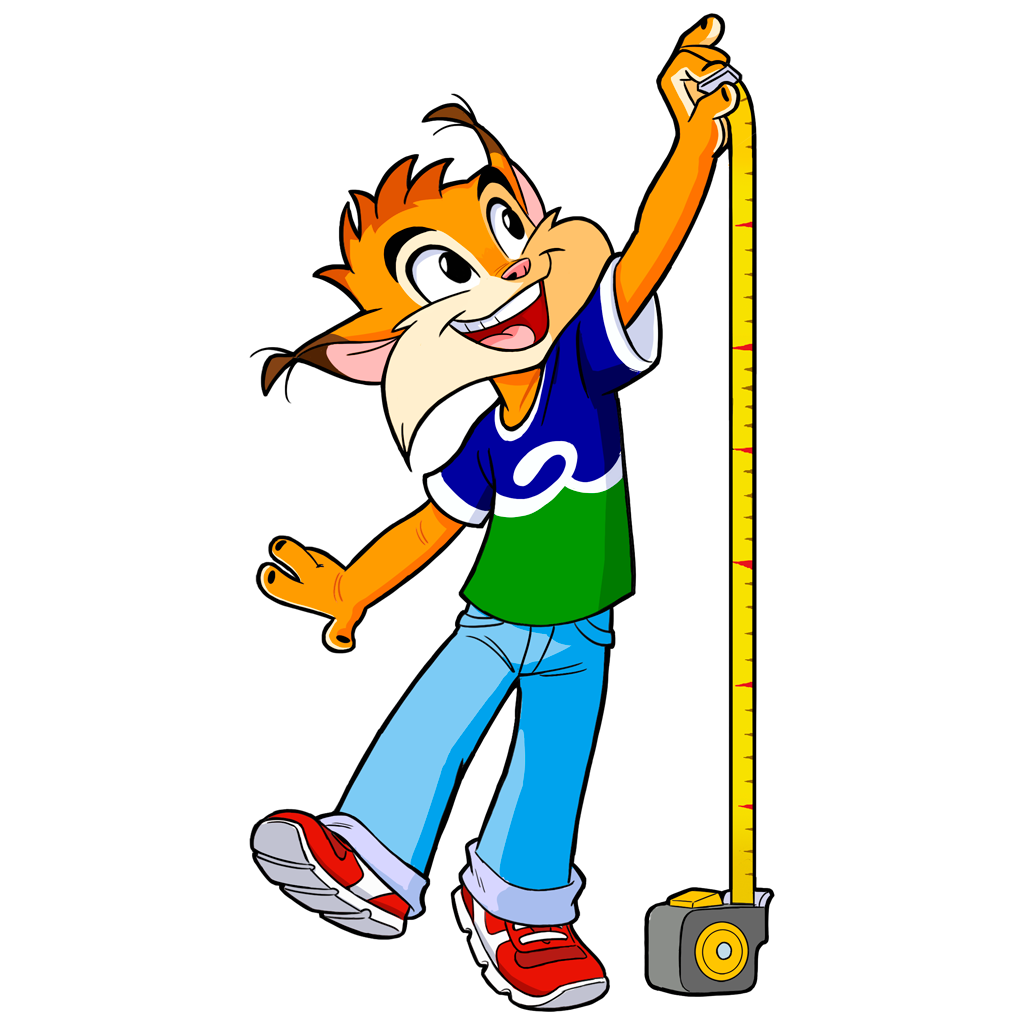 Personaje mascota animado naranja celebrando con escala de medida de crecimiento