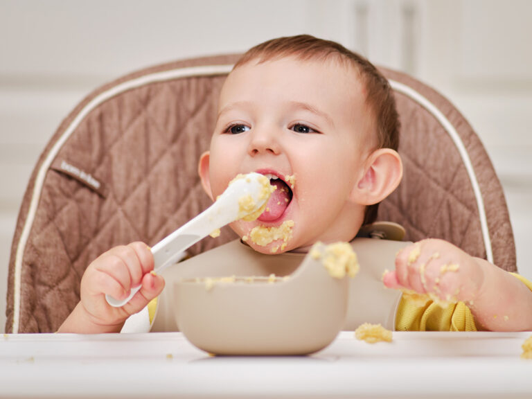 Bebé pequeño comiendo papilla o cereal con una cuchara en una silla de comedor - Introducción de alimentos sólidos