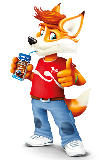 Personaje Tido zorro sosteniendo producto Puleva - mascota interactiva de marca