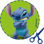 Cupón promocional verde con Stitch personaje Disney - descuento especial