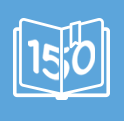 Número 150 libro abierto en cuadrado azul - icono contenido educativo conocimiento