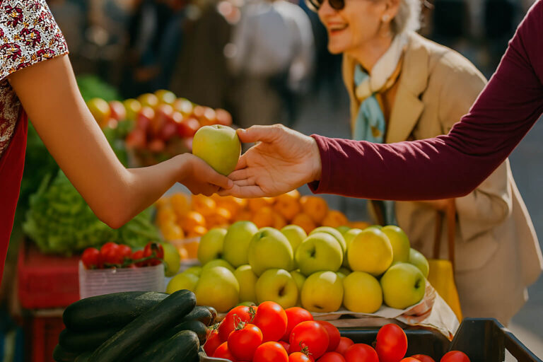 Personas compartiendo frutas y verduras frescas - dieta saludable prevención arteriosclerosis