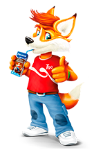 Mascota Tido león de Puleva vistiendo ropa roja - personaje de marca